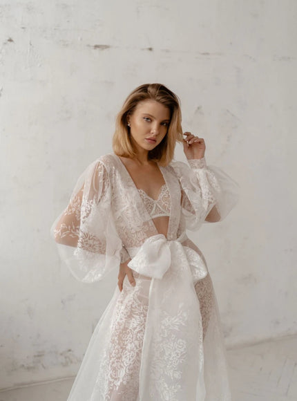 Pollardi Lace Organza Bridal Robe with Ruffle Hem