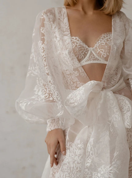 Pollardi Lace Organza Bridal Robe with Ruffle Hem