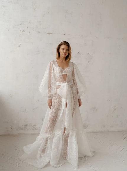Pollardi Lace Organza Bridal Robe with Ruffle Hem