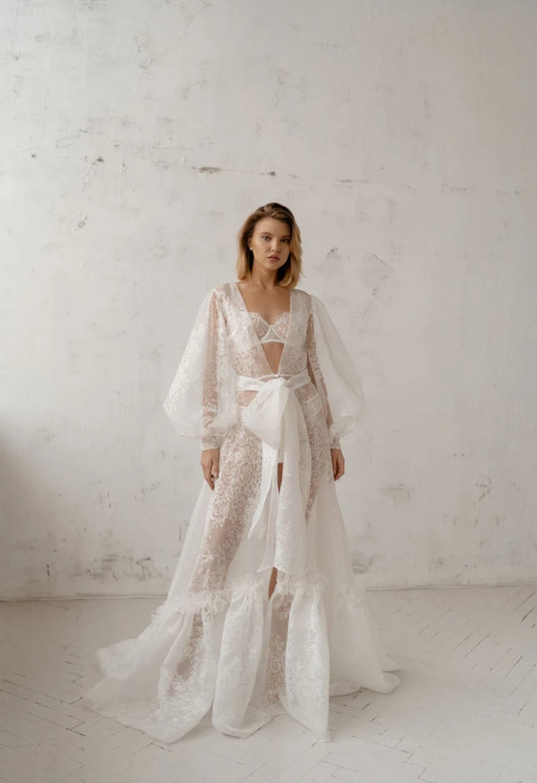 Pollardi Lace Organza Bridal Robe with Ruffle Hem