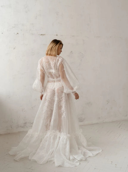 Pollardi Lace Organza Bridal Robe with Ruffle Hem