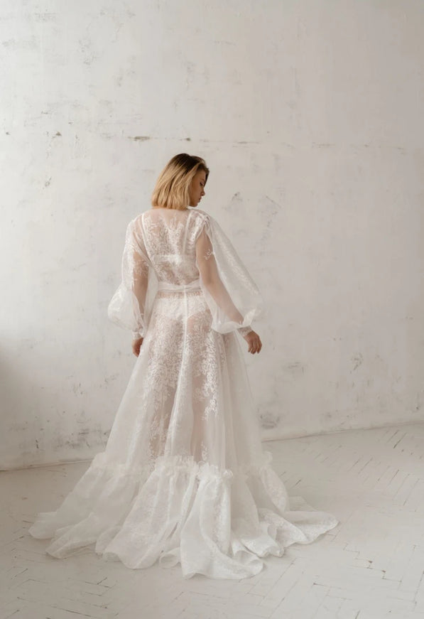 Pollardi Lace Organza Bridal Robe with Ruffle Hem