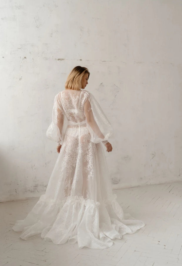 Pollardi Lace Organza Bridal Robe with Ruffle Hem