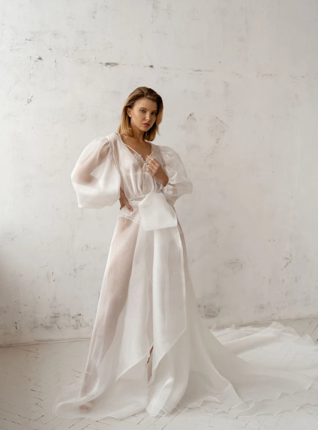 Pollardi Sheer Organza Bridal Robe with Statement Sleeves