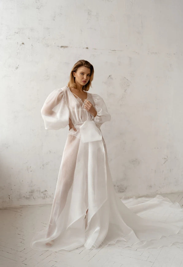 Pollardi Sheer Organza Bridal Robe with Statement Sleeves