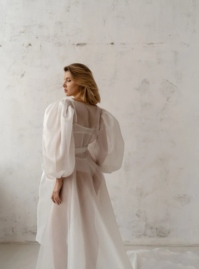 Pollardi Sheer Organza Bridal Robe with Statement Sleeves