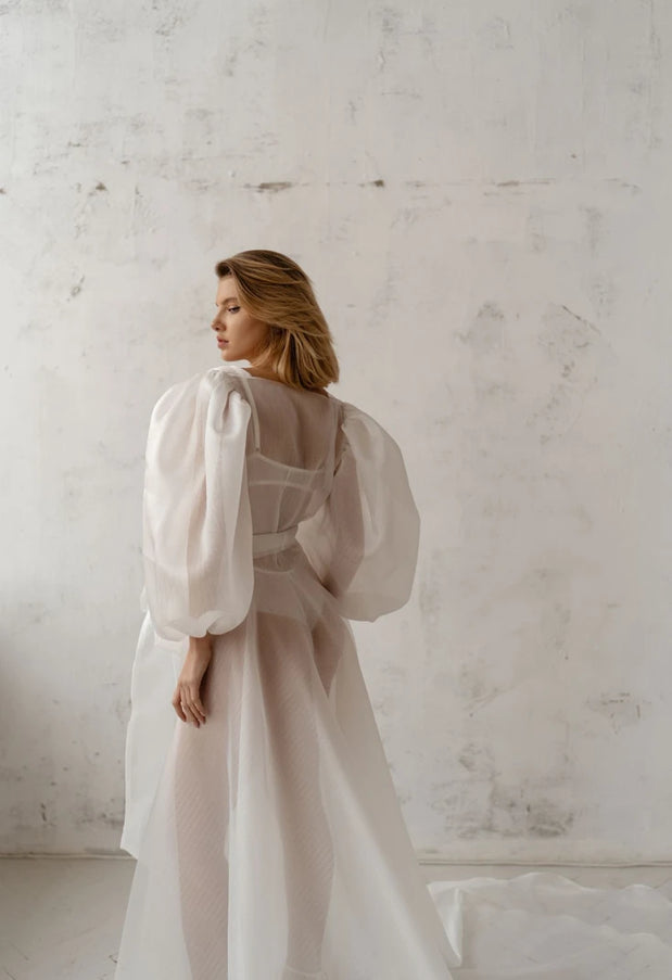 Pollardi Sheer Organza Bridal Robe with Statement Sleeves