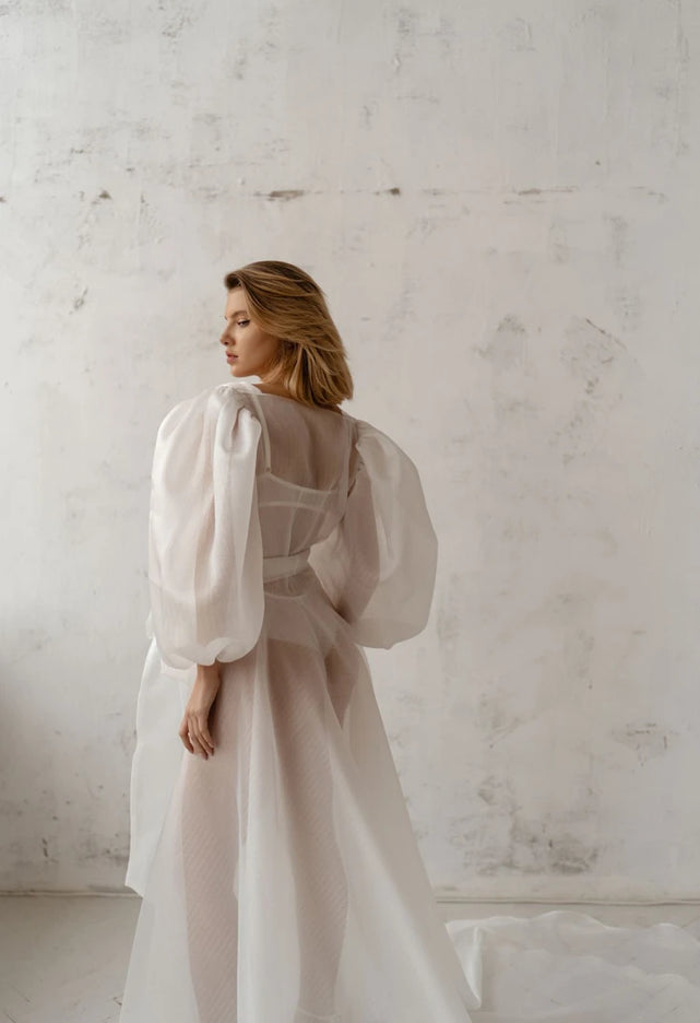Pollardi Sheer Organza Bridal Robe with Statement Sleeves