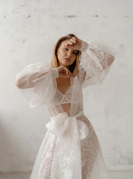 Pollardi Lace Organza Bridal Robe with Ruffle Hem