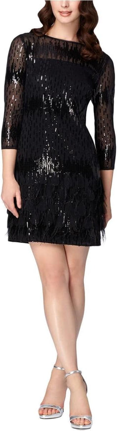 Tahari Black Sequin Feather-Trim Cocktail Dress