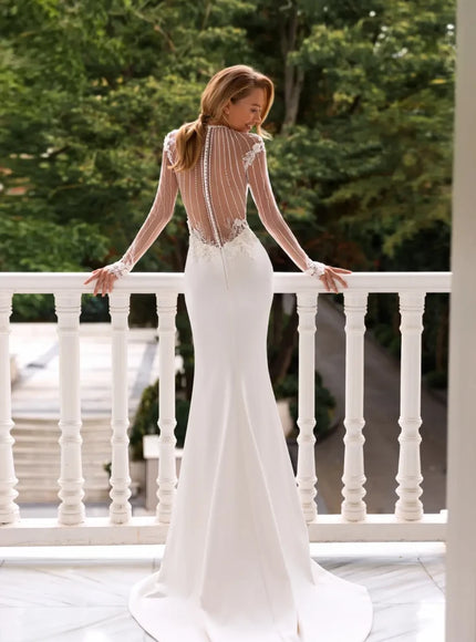 Edesia – Illusion Tulle Wedding Gown with Beaded Sleeves & Slit