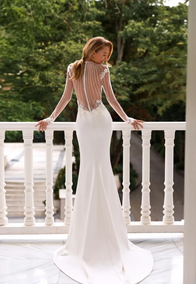 Edesia – Illusion Tulle Wedding Gown with Beaded Sleeves & Slit