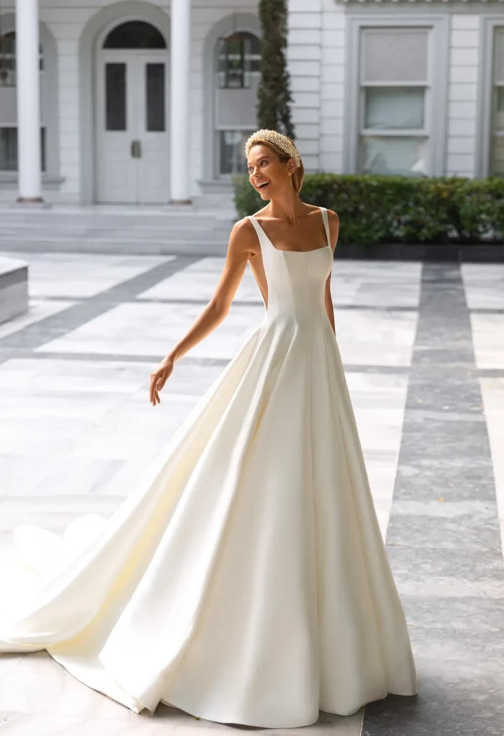 mikado wedding dress Scoop Neck Floor-Length Ball Gown with Pockets Rachel Allan RB6192 The Dress Outlet Alysee Minimalist Mikado A-Line Wedding