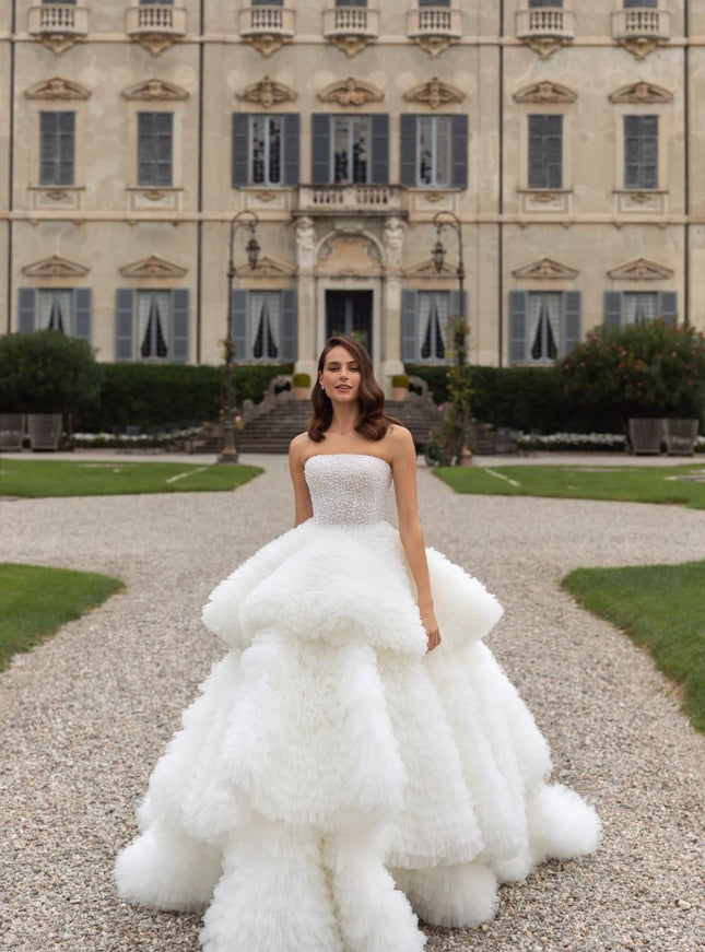 Perlita Tiered Tulle Ball Gown with Pearl-Embellished Corset
