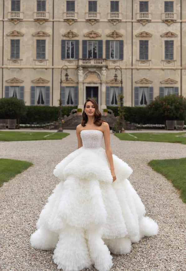 Perlita Tiered Tulle Ball Gown with Pearl-Embellished Corset