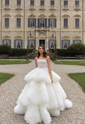 Perlita Tiered Tulle Ball Gown with Pearl-Embellished Corset