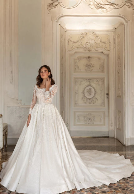 Crosetta - Long-Sleeve Lace & Beaded Ball Wedding Gown
