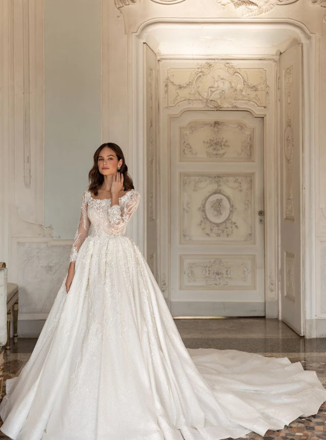 Crosetta - Long-Sleeve Lace & Beaded Ball Wedding Gown