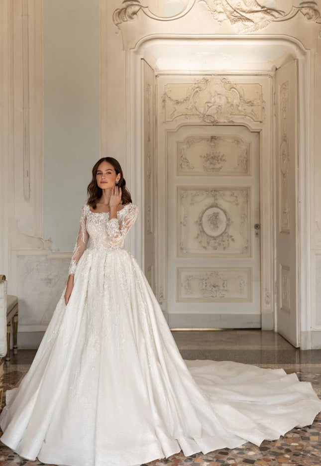 Crosetta - Long-Sleeve Lace & Beaded Ball Wedding Gown