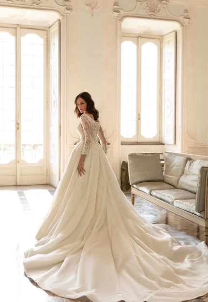 Crosetta - Long-Sleeve Lace & Beaded Ball Wedding Gown