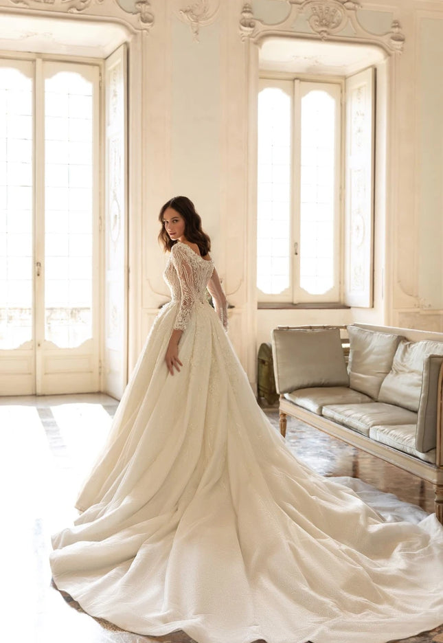 Crosetta - Long-Sleeve Lace & Beaded Ball Wedding Gown