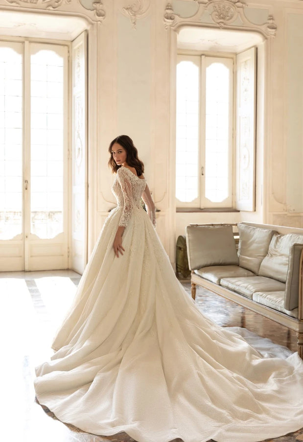 Crosetta - Long-Sleeve Lace & Beaded Ball Wedding Gown