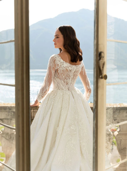 Crosetta - Long-Sleeve Lace & Beaded Ball Wedding Gown