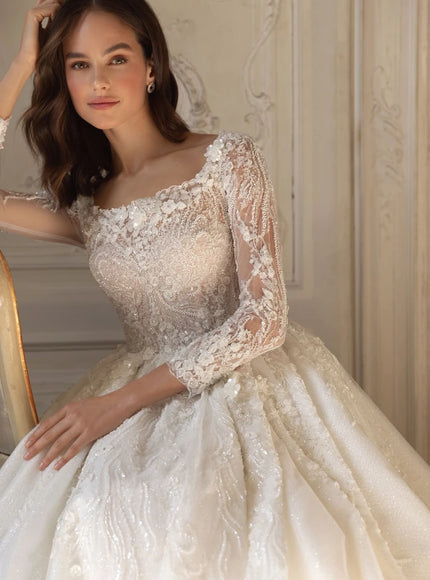 Crosetta - Long-Sleeve Lace & Beaded Ball Wedding Gown