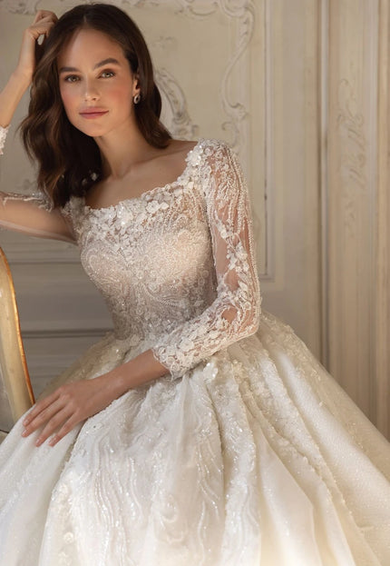 Crosetta - Long-Sleeve Lace & Beaded Ball Wedding Gown