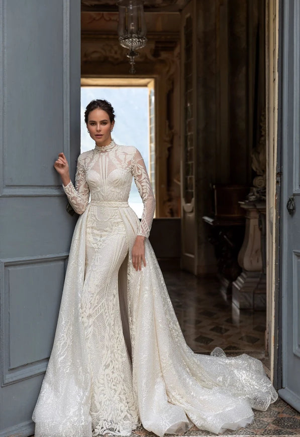 long sleeve wedding dress with overskirt Lace Mini Wedding Dress with Detachable A-Line Overskirt
