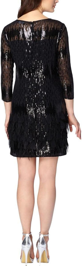 Tahari Black Sequin Feather-Trim Cocktail Dress