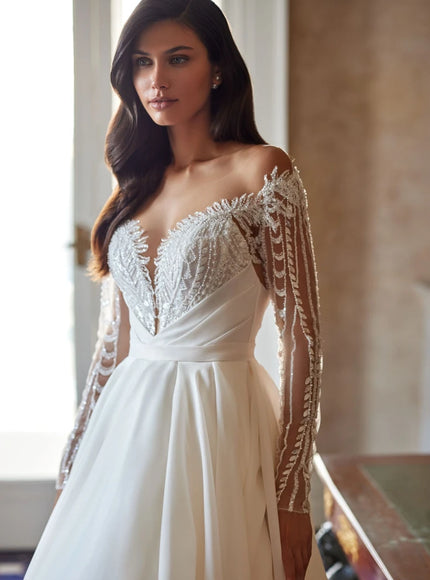 Pollardi Aselina Lace Sleeve Bridal Gown Ivory