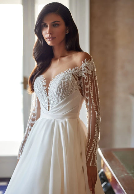 Pollardi Aselina Lace Sleeve Bridal Gown Ivory