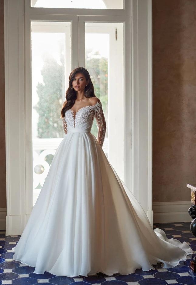 Pollardi Aselina Lace Sleeve Bridal Gown Ivory