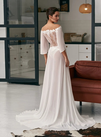 Pollardi Ivory Chiffon & Lace Bridal Robe with Front Slit
