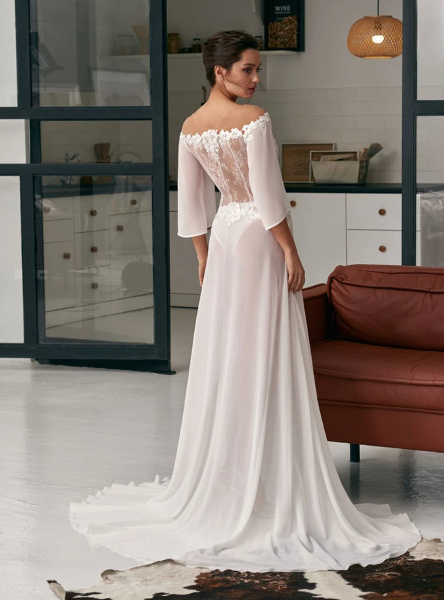 Pollardi Ivory Chiffon & Lace Bridal Robe with Front Slit