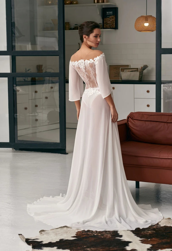 Pollardi Ivory Chiffon & Lace Bridal Robe with Front Slit