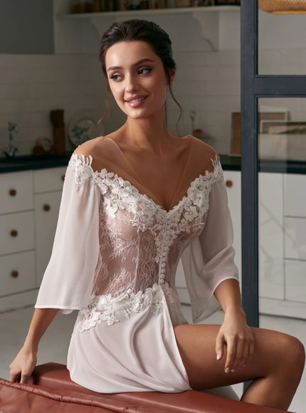 Pollardi Ivory Chiffon & Lace Bridal Robe with Front Slit