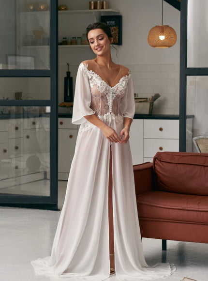 Pollardi Ivory Chiffon & Lace Bridal Robe with Front Slit