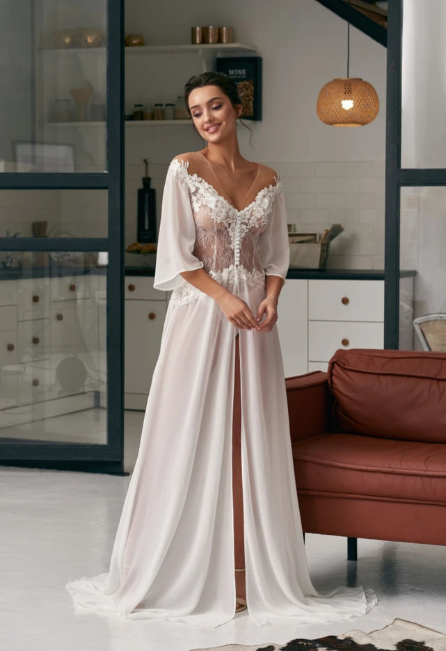 Pollardi Ivory Chiffon & Lace Bridal Robe with Front Slit