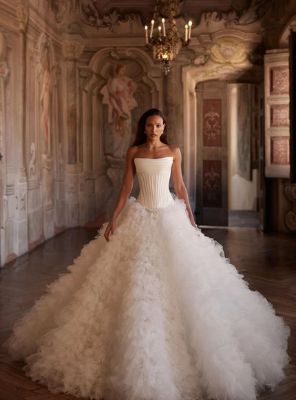 Elizara Strapless Corset Ball Gown Wedding Dress with Textured Tulle Skirt