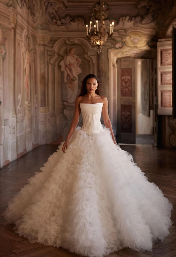 Elizara Strapless Corset Ball Gown Wedding Dress with Textured Tulle Skirt