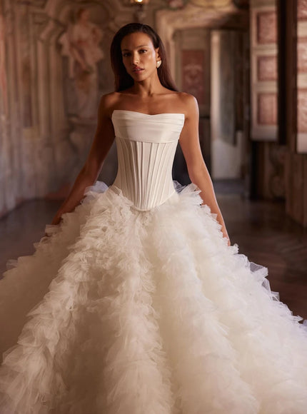 Elizara Strapless Corset Ball Gown Wedding Dress with Textured Tulle Skirt