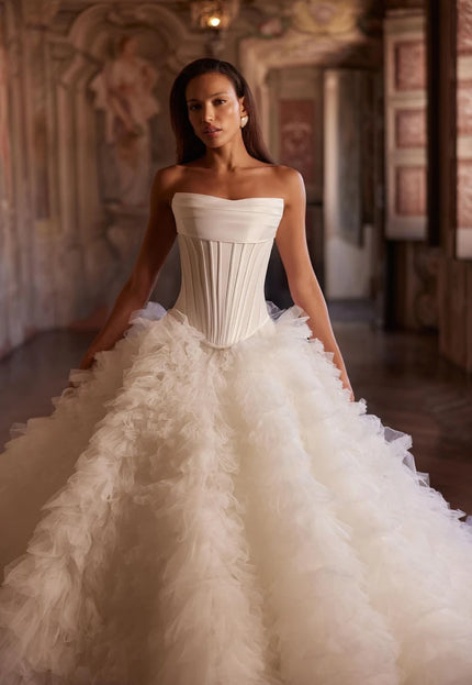 Elizara Strapless Corset Ball Gown Wedding Dress with Textured Tulle Skirt