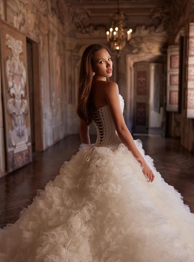 Elizara Strapless Corset Ball Gown Wedding Dress with Textured Tulle Skirt
