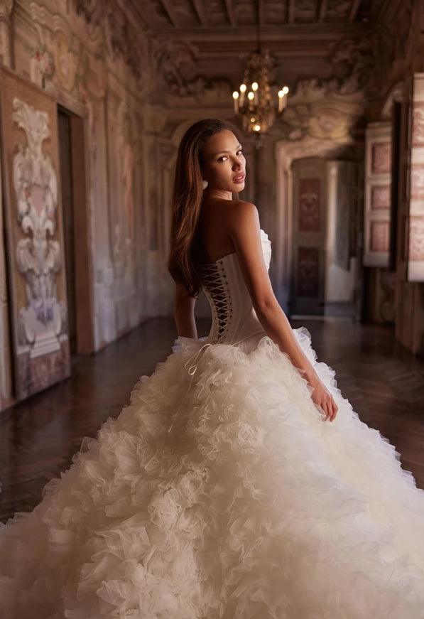 Elizara Strapless Corset Ball Gown Wedding Dress with Textured Tulle Skirt