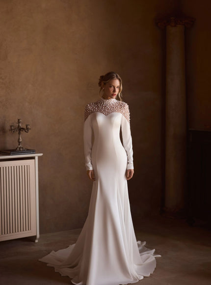 Celia — Pearl-Draped Crepe Bridal Gown
