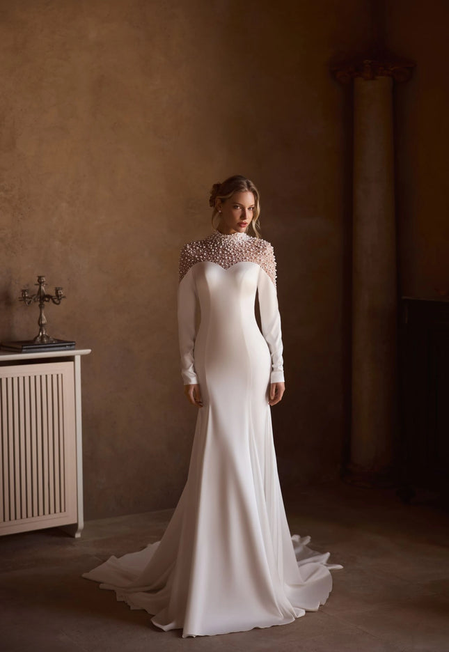 Celia — Pearl-Draped Crepe Bridal Gown