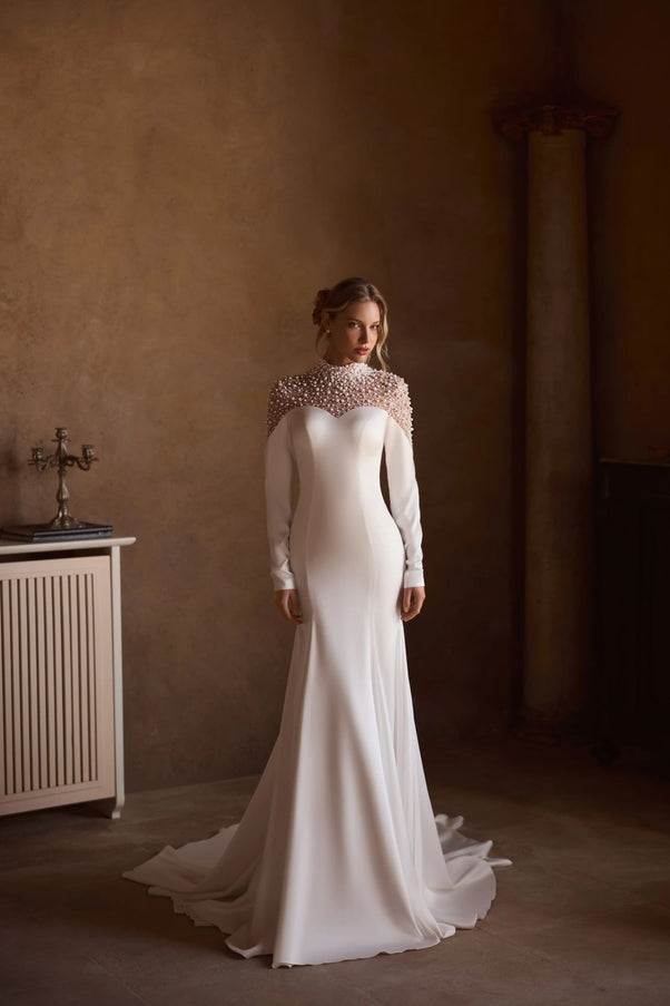 Celia — Pearl-Draped Crepe Bridal Gown