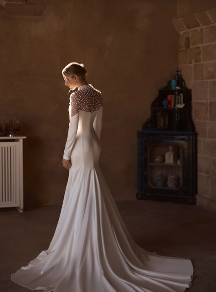Celia — Pearl-Draped Crepe Bridal Gown
